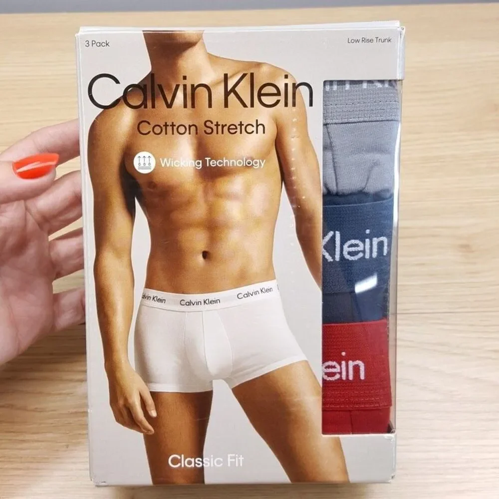 CALVIN KLEIN Boxer Briefs Mens XL Gray Red Blue 3-Pack Low Rise Trunk Cotton